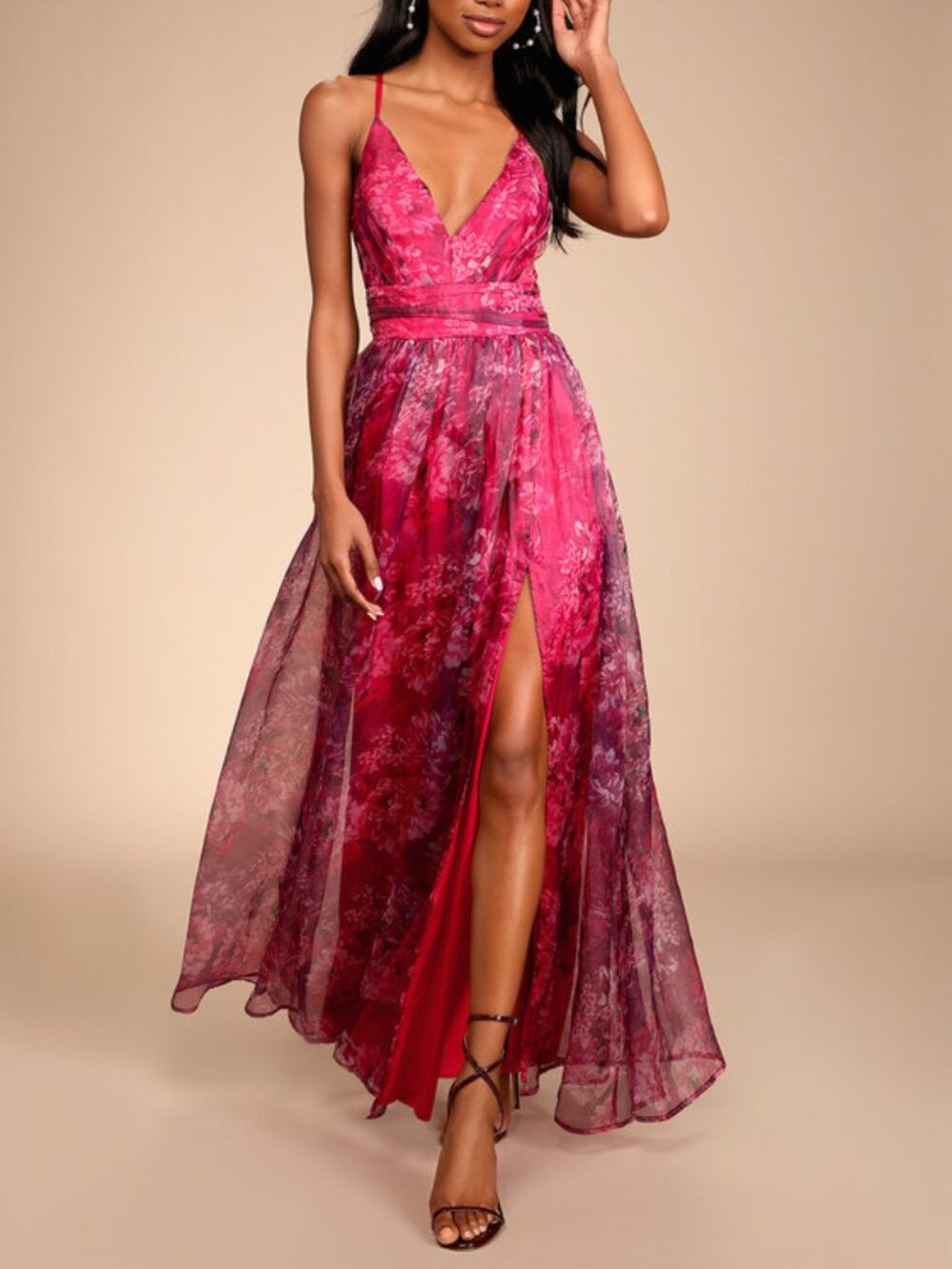 Lulus Romance That Wows Magenta Floral Print Organza Maxi Dress Pink - Size L